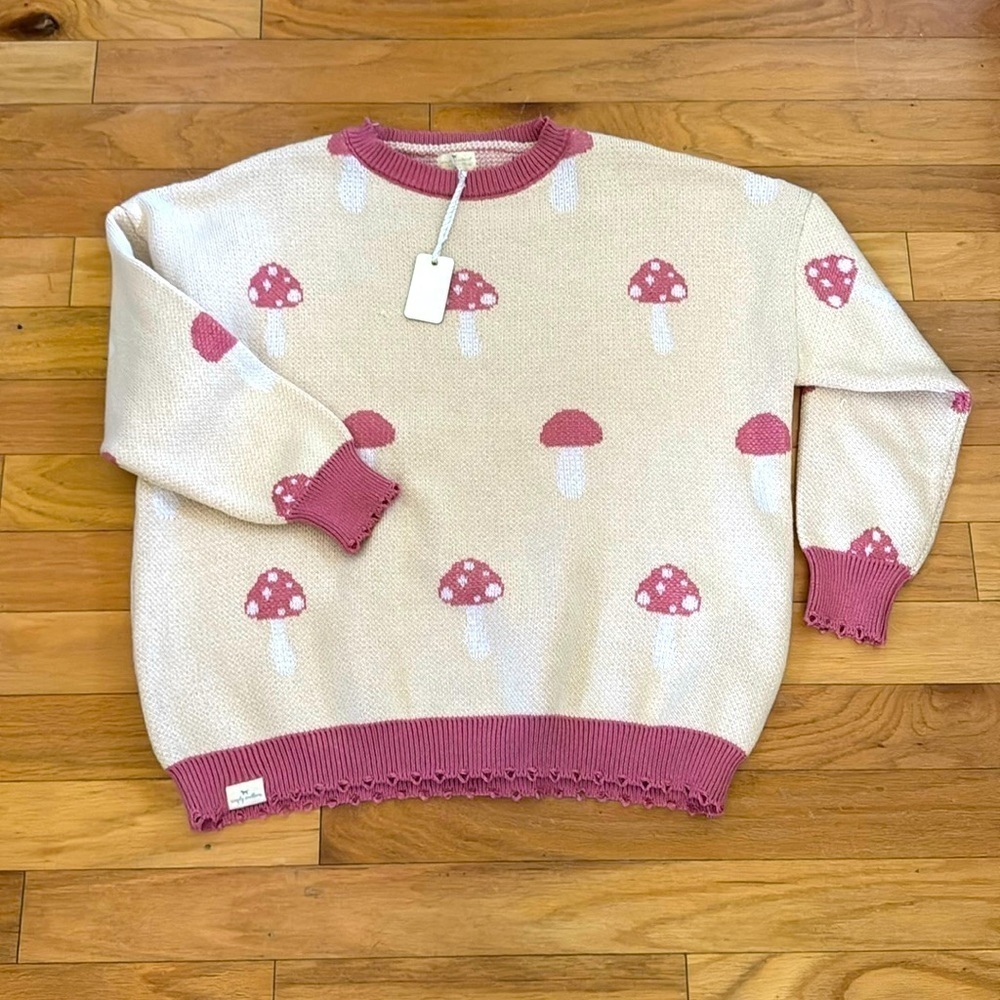 Simply Southern | Mushroom Crew Neck Sweater | Pink/Cream | Size XL